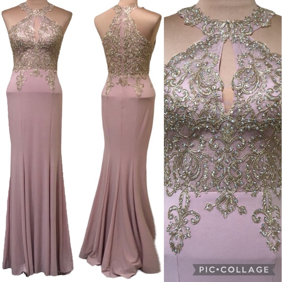 Xscape Dresses Xscape Metallic Gold Lace Rhinestone Mermaid Cutout